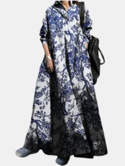 Print Lapel Long Sleeve Plus Size Casual Dress With Pockets