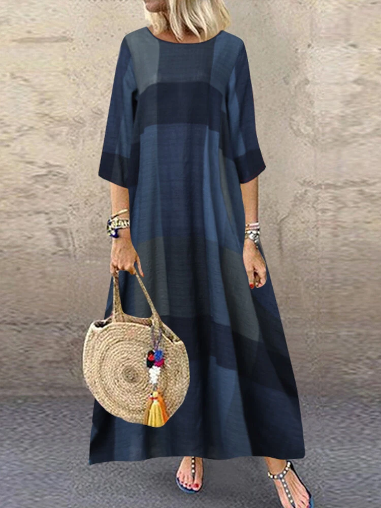 Check Pattern Crew Neck 3/4 Sleeve Casual Dress 2 Check Pattern Crew Neck 3/4 Sleeve Casual Dress - Image 2