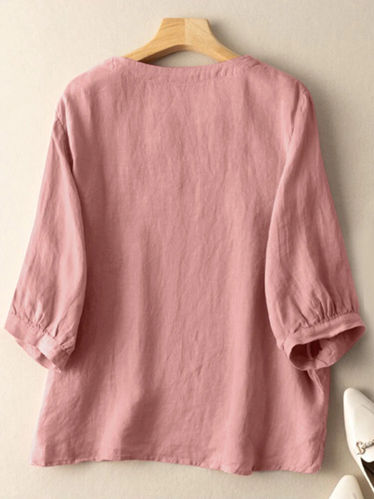 Flower Embroidery Crew Neck 3/4 Sleeve Casual Blouse 6 Flower Embroidery Crew Neck 3/4 Sleeve Casual Blouse - Image 6