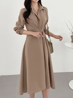 Solid Long Sleeve Belt Lapel Casual Dress -Zanzea Shop 9dc83361 49d0 42ce a4bc f3a5999dd8bb