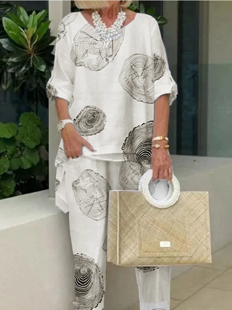 Women Print Long Sleeve Crew Neck Two Pieces Suit 1 Women Print Long Sleeve Crew Neck Two Pieces Suit