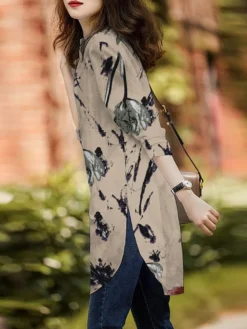 Plants Print Slit Curved Hem Long Sleeve Stand Collar Blouse -Zanzea Shop 9dcb9ee4 db55 4c90 a592 7c72e6ba5f68