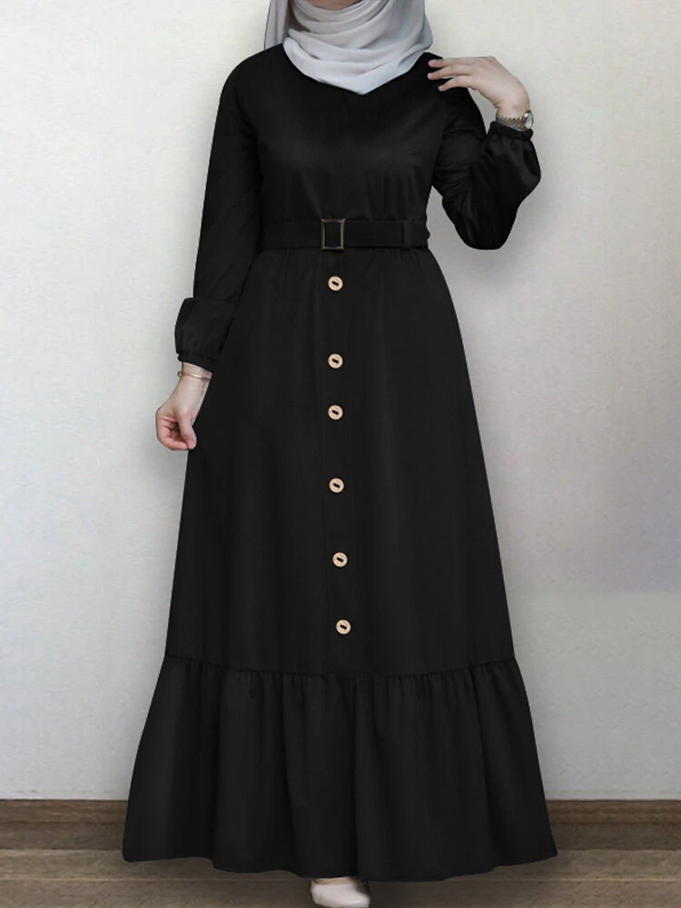 Solid Color Button Pleated Waistband Long Sleeve Casual Muslim Dress 2 Solid Color Button Pleated Waistband Long Sleeve Casual Muslim Dress - Image 2