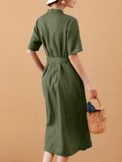 Solid Short Sleeve Stand Collar Dress With Belt -Zanzea Shop 9ddc7a09 5982 4177 a922 b2a0638d74cd