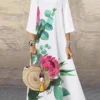 Women Flower Print Crew Neck 3/4 Sleeve Dress