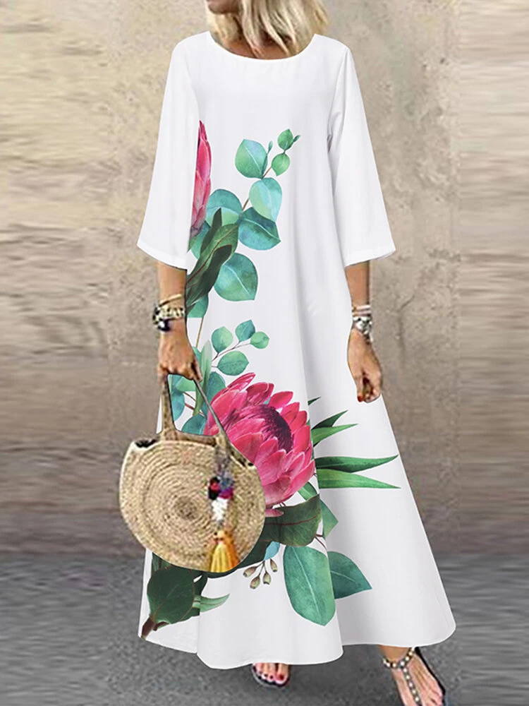 Women Flower Print Crew Neck 3/4 Sleeve Dress 1 Women Flower Print Crew Neck 3/4 Sleeve Dress
