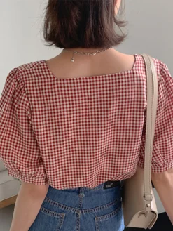 Check Print Lace Panel Short Sleeve Square Collar Blouse -Zanzea Shop 9e46d624 0e7a 4108 a1d9 2146650aa905