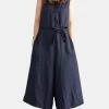 Women V-neck Belted Flare Overalls Jumpsuits