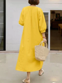 Solid Pocket 3/4 Sleeve V-neck Loose Casual Dress -Zanzea Shop 9e4d76db b364 4bef bcfb 2c50326486b9