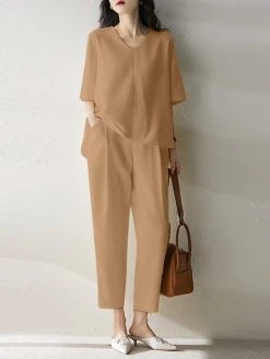 Women Solid Half V-neck Pocket Two Pieces Suit -Zanzea Shop 9e631820 317a 4a37 87ec 79cfee8e6ef7