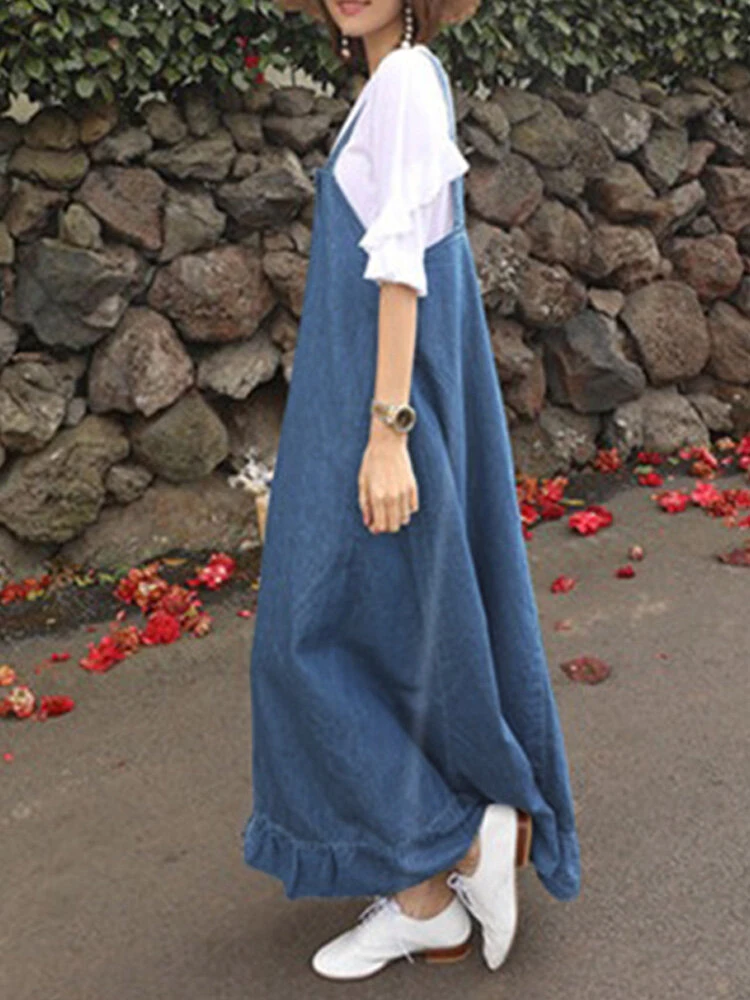 Denim Ruffle Straps Button Sleeveless Plus Size Maxi Dress 4 Denim Ruffle Straps Button Sleeveless Plus Size Maxi Dress - Image 4