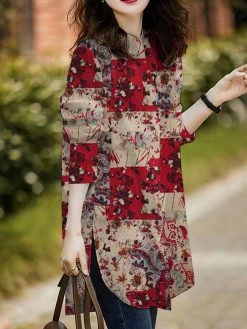 Flower Print Slit Hem Stand Collar Long Sleeve Blouse -Zanzea Shop 9e919cbb 256e 4ef1 99c5 37a630d2f0e9