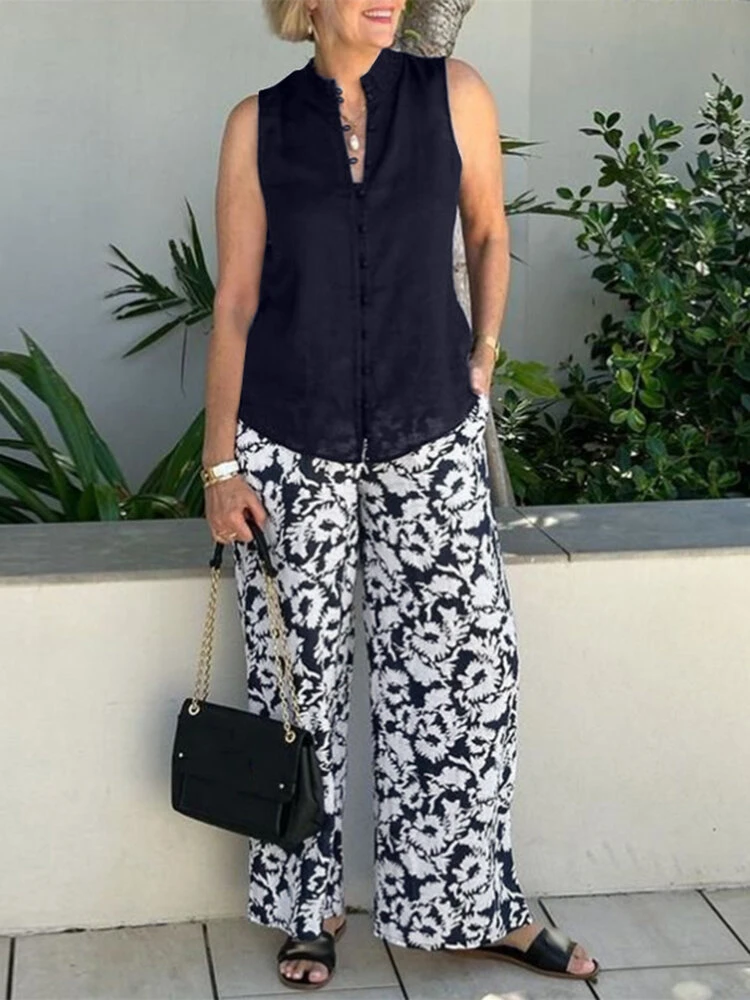 Women Solid Stand Collar Sleeveless Tank & Print Pants Co-ords 1 Women Solid Stand Collar Sleeveless Tank & Print Pants Co-ords