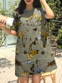Flower Print Short Sleeve Pocket Crew Neck Vintage Dress