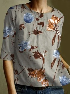 Plants Print Half Sleeve Crew Neck Casual Blouse
