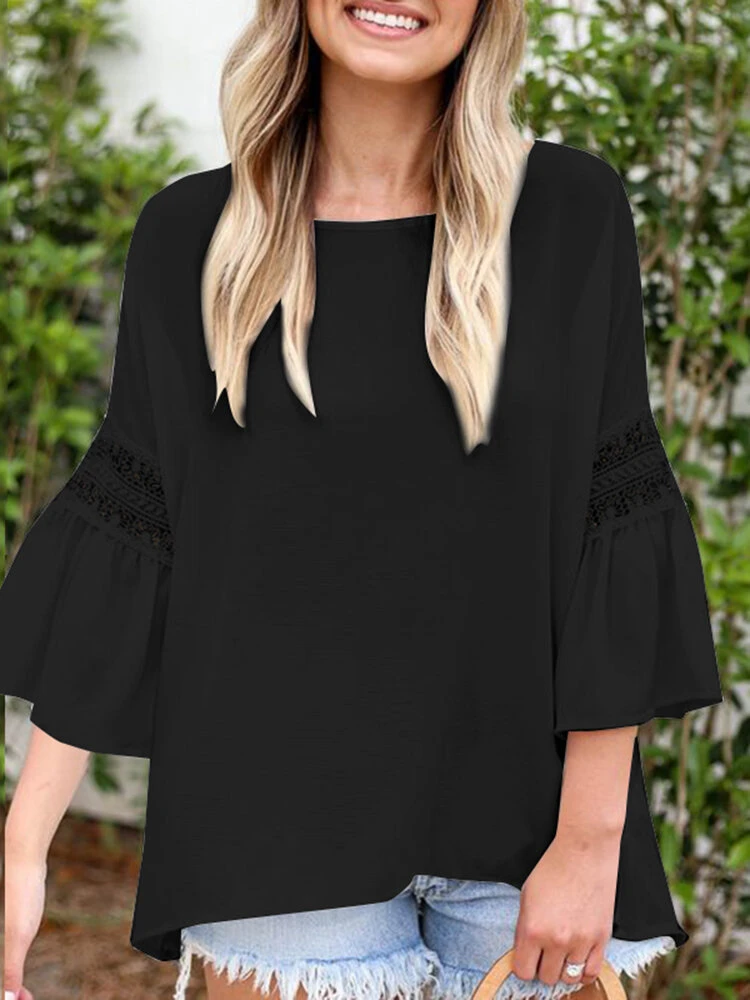 Solid Lace Panel Ruffle Sleeve Crew Neck Blouse 2 Solid Lace Panel Ruffle Sleeve Crew Neck Blouse - Image 2
