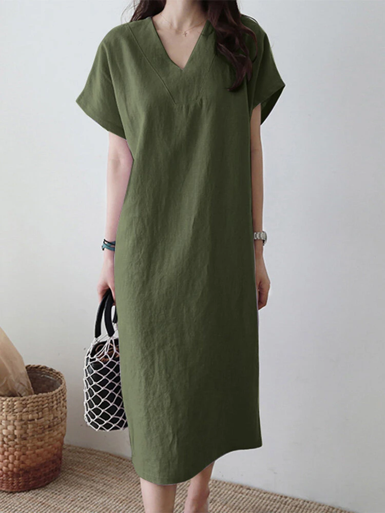 Solid V-neck Short Sleeve Dress For Women 7 Solid V-neck Short Sleeve Dress For Women - Image 7