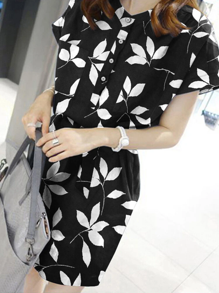 Leaves Print Button Pocket Short Sleeve Dress With Belt 6 Leaves Print Button Pocket Short Sleeve Dress With Belt - Image 6