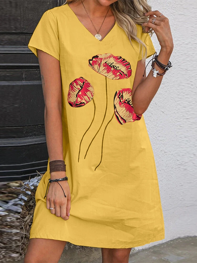 Women Floral Print V-Neck Cotton Short Sleeve Dress 2 Women Floral Print V-Neck Cotton Short Sleeve Dress - Image 2