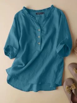 Women Plain Frill Neck Half Button Cotton 3/4 Sleeve Blouse