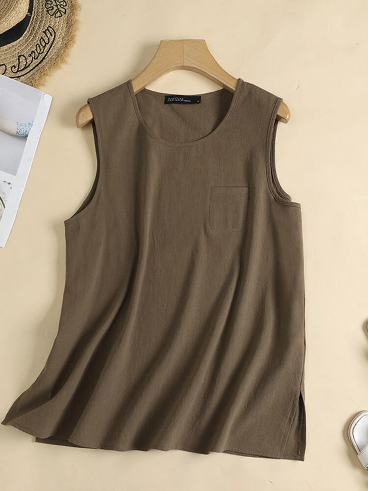 Women Solid Crew Neck Cotton Sleeveless Tank Top 1 Women Solid Crew Neck Cotton Sleeveless Tank Top