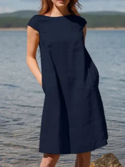 Women Solid Short Sleeve Pocket Crew Neck Dress -Zanzea Shop 9f7ff7ac f745 4f6a bc4d d6654a0f248a