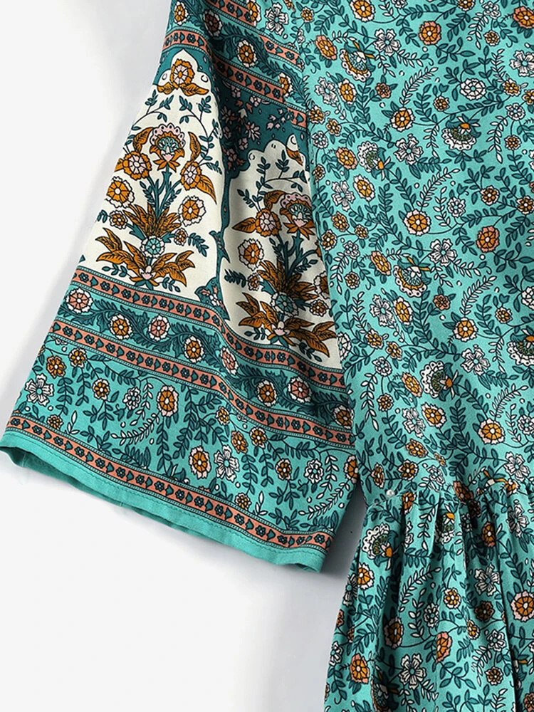 Women Ditsy Floral Print V-Neck Tie Bohemian Half Sleeve Dress 7 Women Ditsy Floral Print V-Neck Tie Bohemian Half Sleeve Dress - Image 7