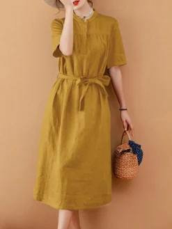 Solid Short Sleeve Stand Collar Dress With Belt -Zanzea Shop 9f97bec1 90a5 4a62 888d 8439968fa898