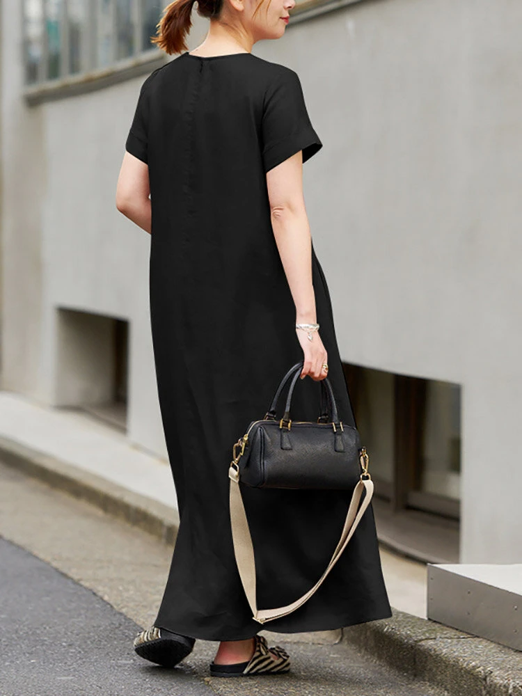 Solid Pocket Round Neck Short Sleeve Casual Cotton Maxi Dress 2 Solid Pocket Round Neck Short Sleeve Casual Cotton Maxi Dress - Image 2