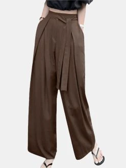 Solid Pocket Belt Wide Leg Pants For Women