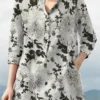 Plants Print Button Pocket Stand Collar 3/4 Sleeve Blouse