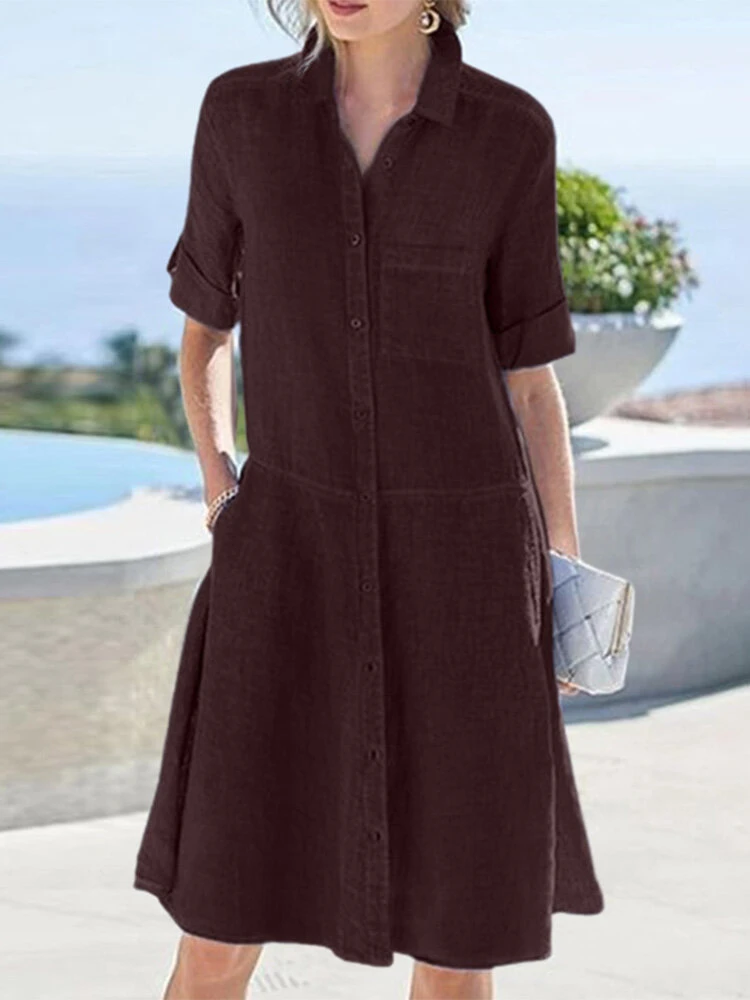 Women Solid Lapel Button Up Shirt Dress With Sleeve Tabs 3 Women Solid Lapel Button Up Shirt Dress With Sleeve Tabs - Image 3