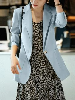 Solid Long Sleeve Pocket Lapel Button Front Blazer