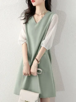 Contrast Dual Pocket 3/4 Sleeve V-neck Casual Dress -Zanzea Shop 9ff74184 7df8 4f36 aaaf 6ecde900d163