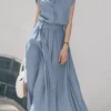 Solid Button Front Dress With Belt For Women