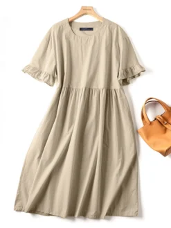 Solid Ruffle Short Sleeve Pocket Crew Neck Casual Dress -Zanzea Shop a0237f72 e983 4b4b a98e b53cb00436d9