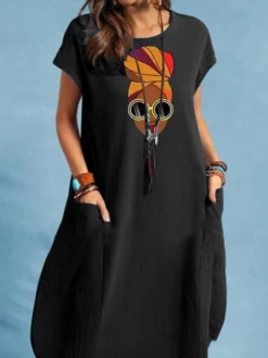 Portrait Print Pocket Short Sleeve Crew Neck Vintage Dress -Zanzea Shop a0489941 09bb 4f34 9720 c831b2d3f41a