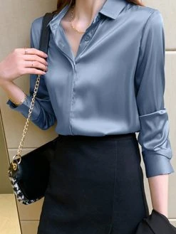 Solid Satin Button Lapel Long Sleeve Shirt -Zanzea Shop a050746d a683 4e0c 9441 ac582d5efd38
