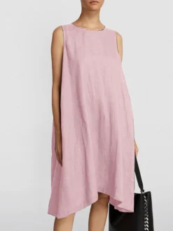 Women Solid Crew Neck Cotton Casual Sleeveless Dress