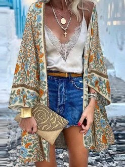Bohemian Floral Print Loose Long Sleeve Kimono