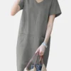 Solid Pocket Slit Hem V-neck Short Sleeve Vintage Dress