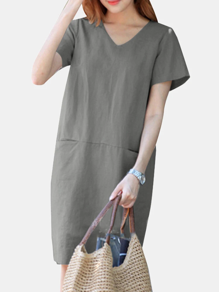 Solid Pocket Slit Hem V-neck Short Sleeve Vintage Dress 1 Solid Pocket Slit Hem V-neck Short Sleeve Vintage Dress