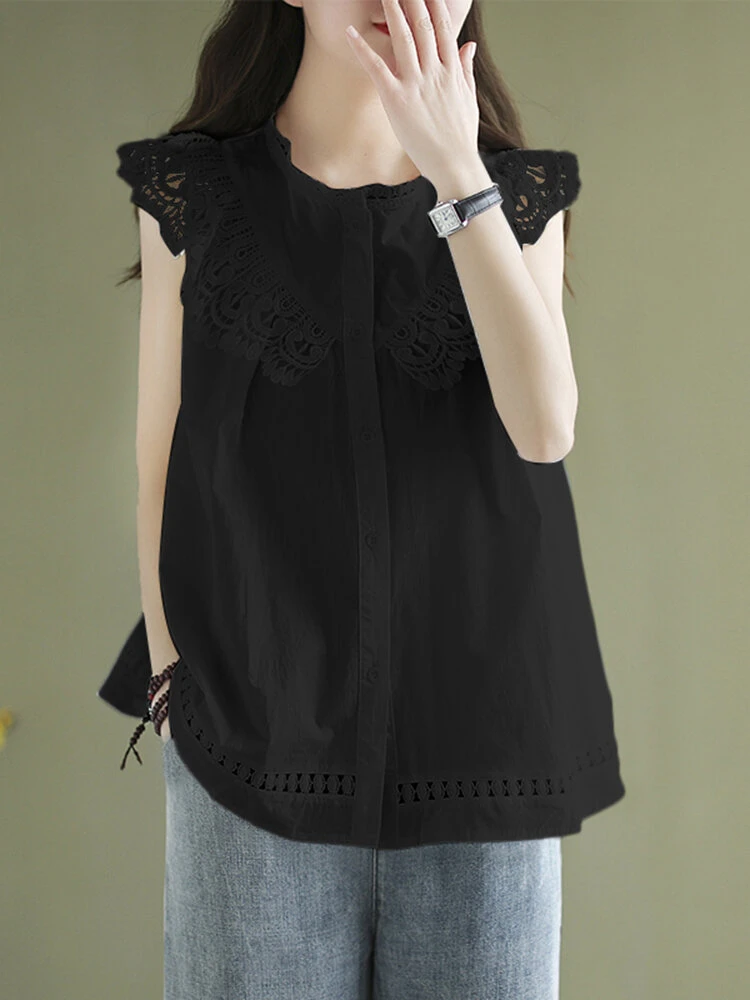 Women Lace Splice Button Front Casual Sleeveless Tank Top 4 Women Lace Splice Button Front Casual Sleeveless Tank Top - Image 4