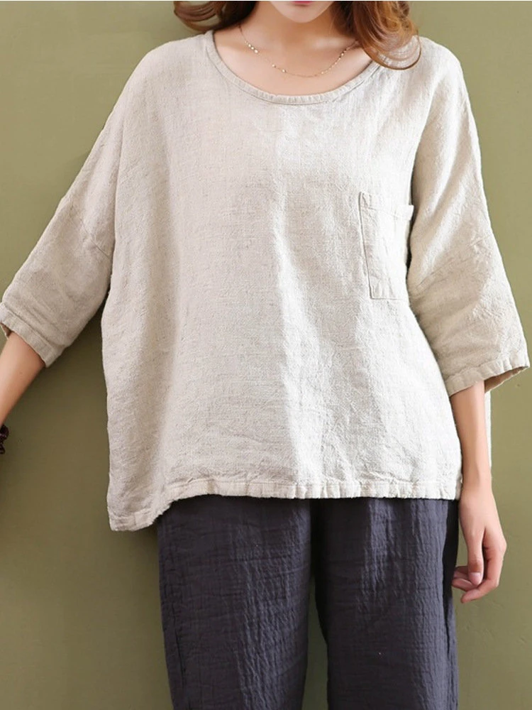 Casual Women Mori Pocket O-Neck 3/4 Sleeve Loose Blouse 3 Casual Women Mori Pocket O-Neck 3/4 Sleeve Loose Blouse - Image 3