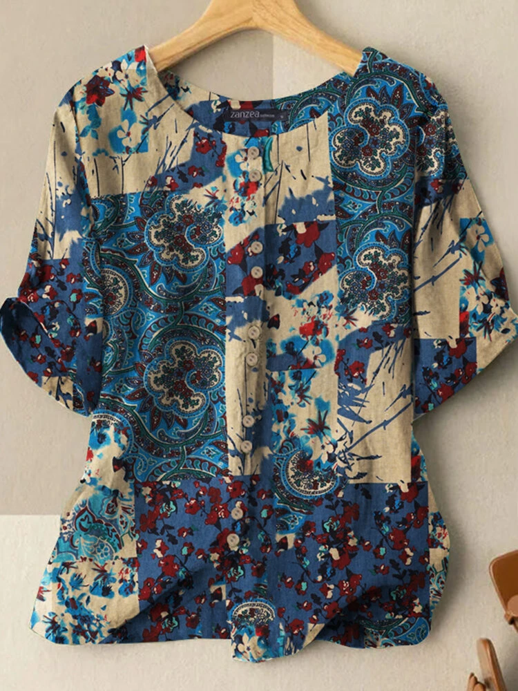Women Allover Print Button Front Short Sleeve Blouse 3 Women Allover Print Button Front Short Sleeve Blouse - Image 3