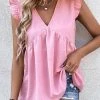 Women Solid V-Neck Ruffle Sleeveless Casual Tank Top