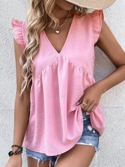 Women Solid V-Neck Ruffle Sleeveless Casual Tank Top