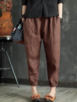 Plain Elastic Waist Pocket Casual Cotton Linen Pants -Zanzea Shop a11270d3 5ad5 4668 a8f0 a8bfd2f3e343