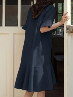 Women Solid Ruffle Sleeve V-neck Button Mermaid Dress -Zanzea Shop a11a8518 bcf2 42ee a09e 057fd1385b67