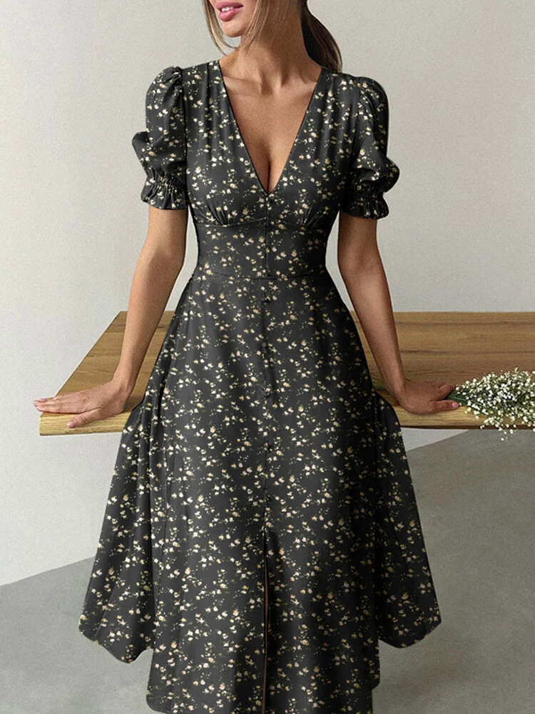 Women Ditsy Floral Print V-Neck Split Hem Puff Sleeve Dress 1 Women Ditsy Floral Print V-Neck Split Hem Puff Sleeve Dress